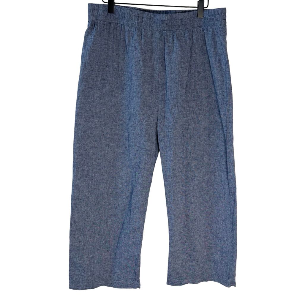 Hester & Orchard Linen Blend Blue High Rise Cropped Wide Leg Pull On Pants Sz L - Picture 2 of 4